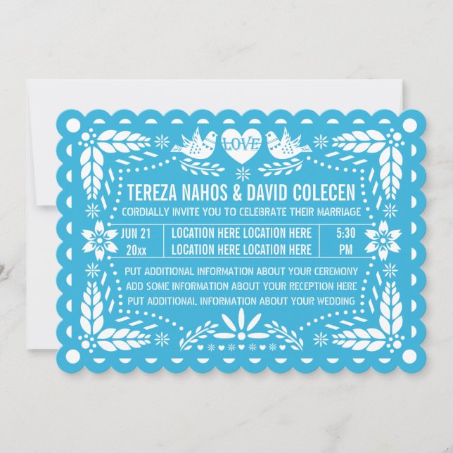 Invitation Papel picado inséparables bleu fiesta mariage (Devant)