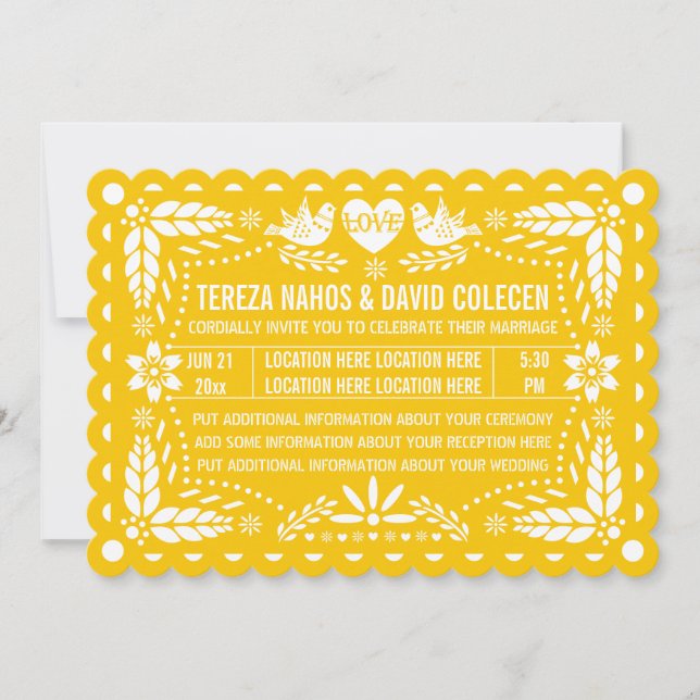 Invitation Papel picado inséparables jaune fiesta mariage (Devant)