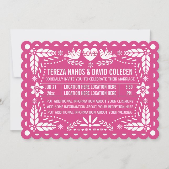 Invitation Papel picado inséparables rose fiesta mariage (Devant)