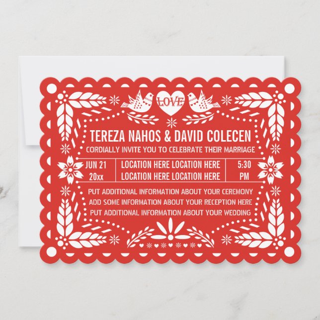 Invitation Papel picado inséparables rouge mexicain mariage d (Devant)