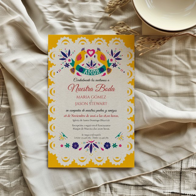 Invitation Papel Picado Jaune Nuestra Boda Mariage Espagnol (Papel Picado Yellow Nuestra Boda Spanish Wedding Invitation)