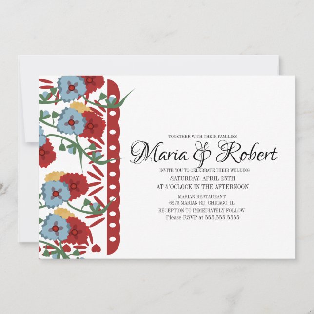 Invitation Papel Picado Mexicain Mariage Vert Vin Floral (Devant)