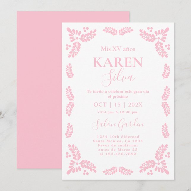 Invitation Papel Picado Quinceanera rose (Devant / Derrière)