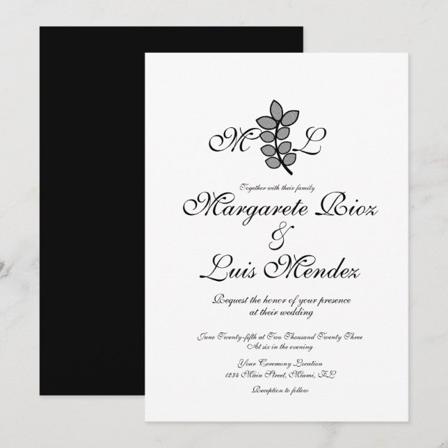 Invitation Papeterie de mariage avec monogramme calligraphié  (Devant / Derrière)
