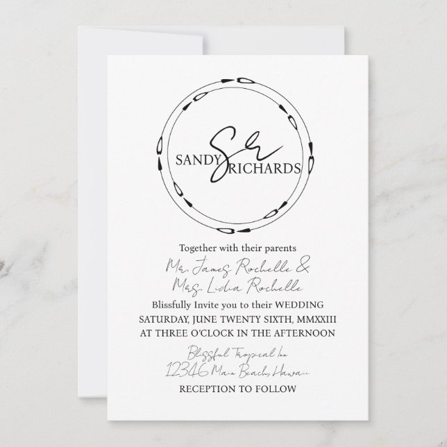 Invitation Papeterie de mariage avec monogramme noir blanc cœ (Devant)