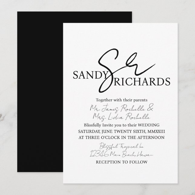Invitation Papeterie de mariage avec monogramme noir et blanc (Devant / Derrière)