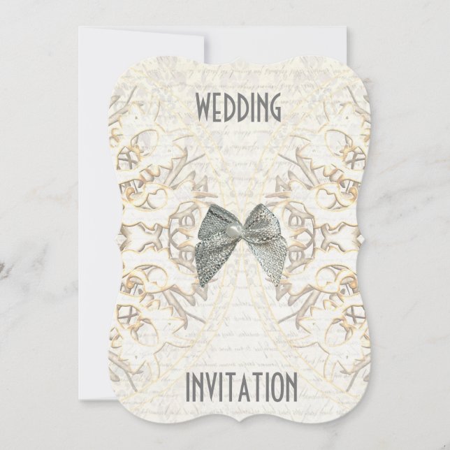 Invitation Papier à dentelle blanc coupé mariage damassé (Devant)
