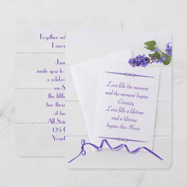 Invitation papier à lettres blanc sur bois avec ruban violet (Devant / Derrière)