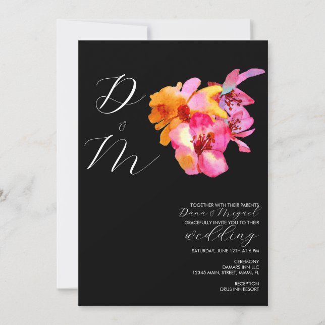 Invitation Papier à lettres mariage monogramme aquarelle flor (Devant)