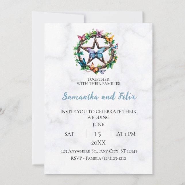 Invitation Papier à Mariage en Marbre avec Pentacle Papillon  (Devant)