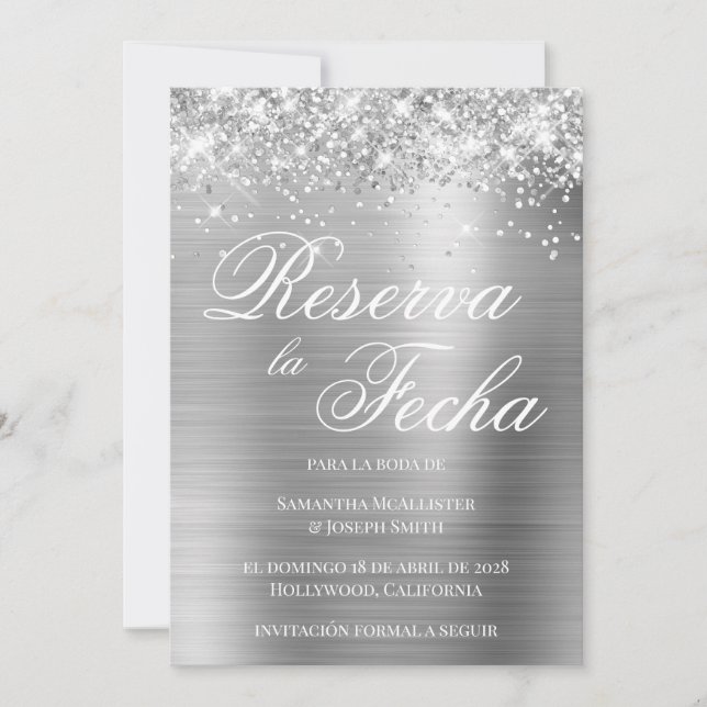 Invitation Papier Aluminium Argent Pailleté Reserva La Fecha (Devant)