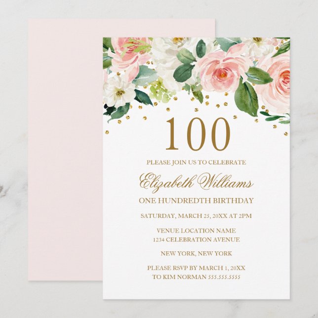 Invitation Papier Aquarelle Fleur Rose Or 100e Anniversaire (Devant / Derrière)