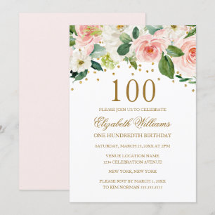 Invitation Papier Aquarelle Fleur Rose Or 100e Anniversaire