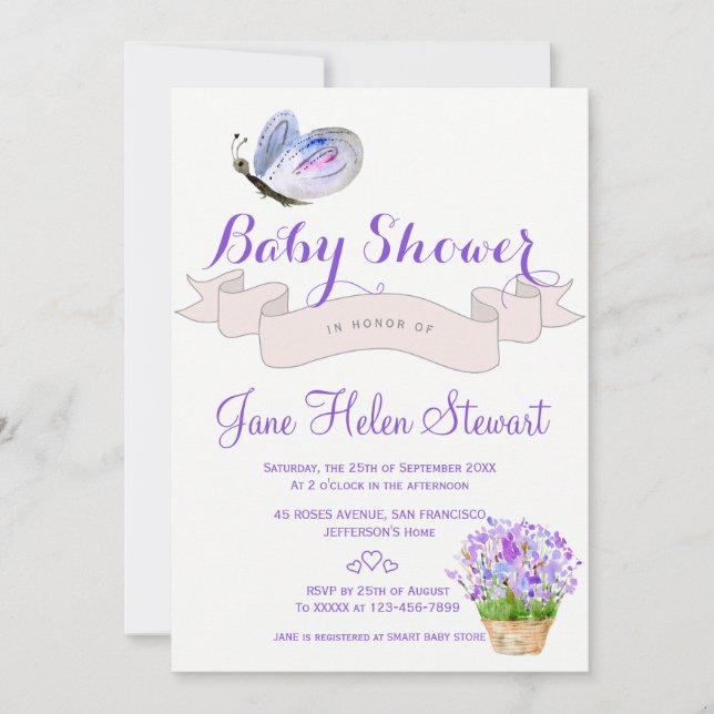 Invitation Papier aquarelle papillon lavande shower bébé rust (Devant)