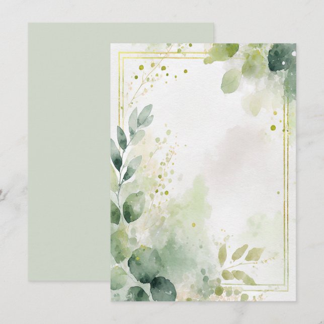 Invitation Papier aquarelle vert et or vierge Mariage (Devant / Derrière)