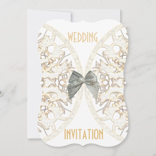 Invitation Papier blanc en dentelle de luxe mariage damassé (Devant)