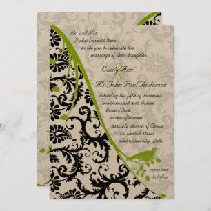 Invitation Papier Brown Noir Damas Pomme Vert Vintage Oiseau
