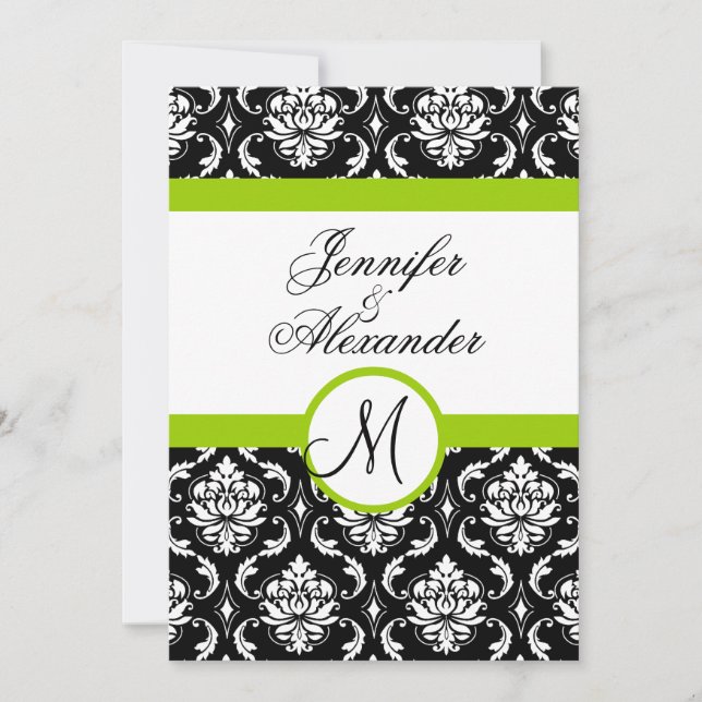 Invitation Papier cartonné vert damassé avec monogramme de ma (Devant)
