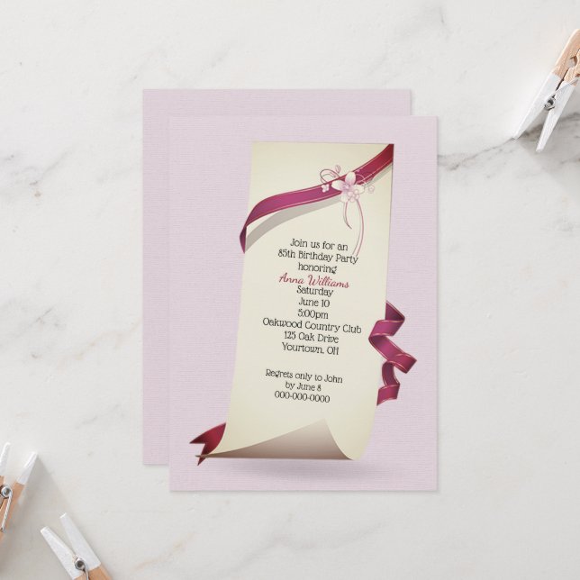 Invitation Papier Curled pour la fête de 85e anniversaire (Devant/Arrière en situation)