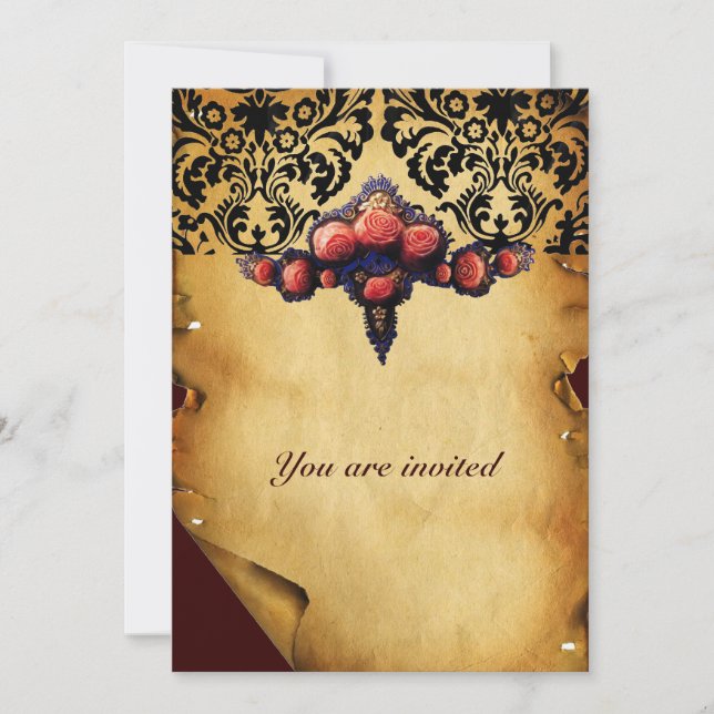 INVITATION PAPIER DE SOIE DAMAS ET ROSES CORAIL ROSE (Devant)