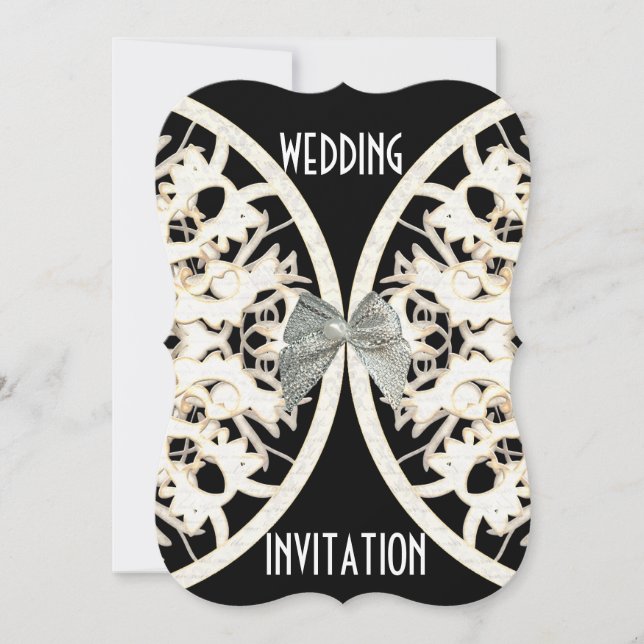 Invitation Papier dentelle noir et blanc coupé mariage damass (Devant)