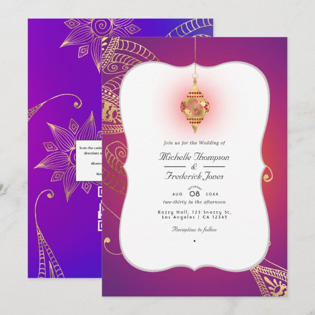 Invitation Papier d'or arabe Bollywood Code QR RSVP Mariage (Devant / Derrière)