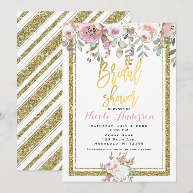 Invitation Papier Doré Pailleté Moderne Fleurs Roses Mariage (Devant / Derrière)