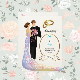 Invitation Papier écru couple feutré et anneaux Mariage 