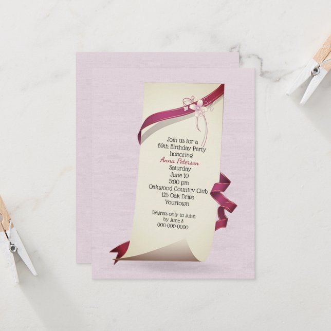 Invitation Papier Enroulé Pour Fête D'anniversaire 69 Ans (Devant/Arrière en situation)