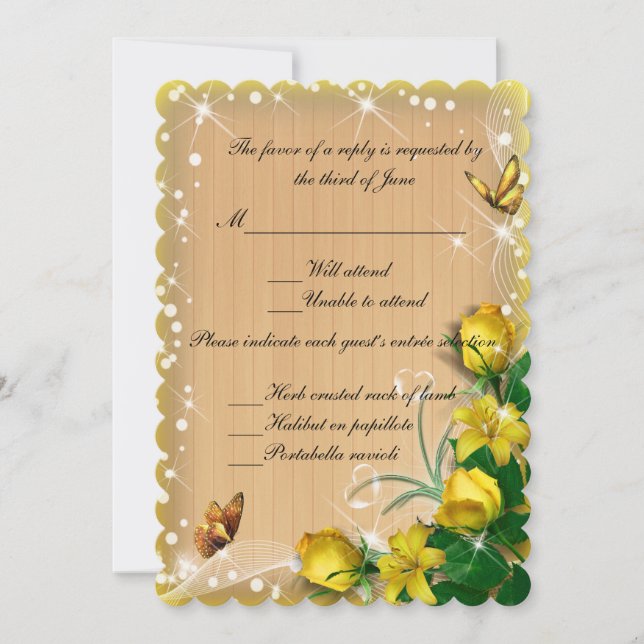 Invitation Papier Floral Papillon Jaune Bois Rustique (Devant)