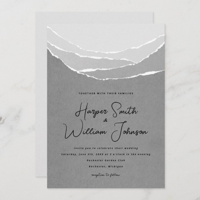 Invitation papier gris déchiqueté montagnes mariage (Devant / Derrière)