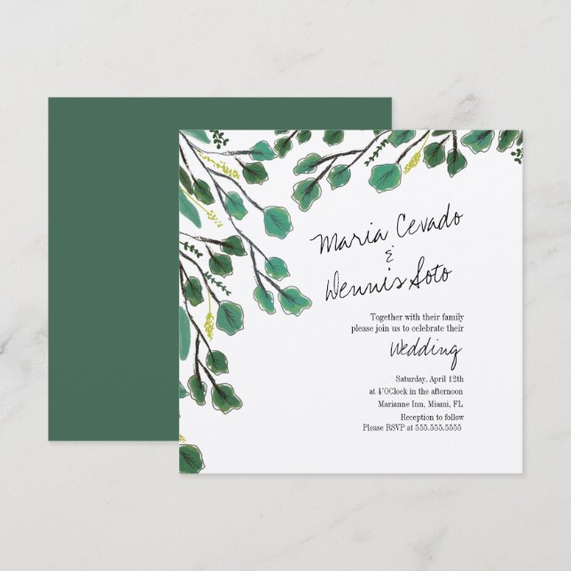 Invitation Papier Kraft de Mariage à l'Eucalyptus Dessiné à l (Devant / Derrière)