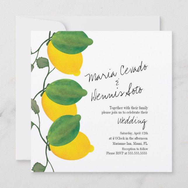 Invitation Papier kraft mariage écriture citron lime aquarell (Devant)