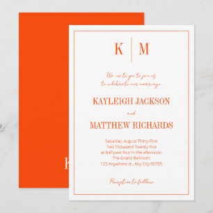 Invitation Papier Mariage Élégant Monogramme Rouge Orange Rét