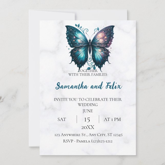 Invitation Papier Mariage Papillon Céleste Marbre (Devant)