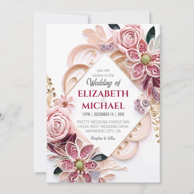 Invitation Papier Mariage Pastel Rose Floral Quilling (Devant)