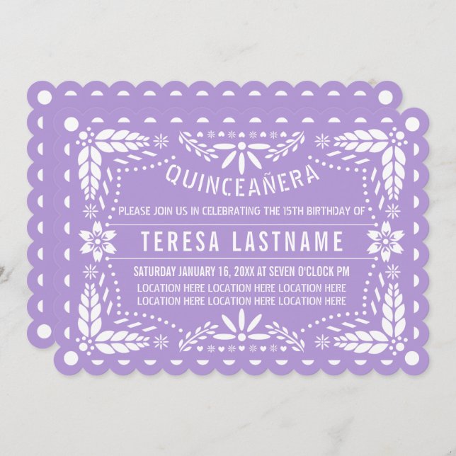 Invitation Papier mauve picado fleurs Quinceañera (Devant / Derrière)