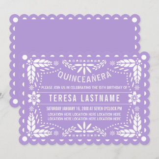 Invitation Papier mauve picado fleurs Quinceañera