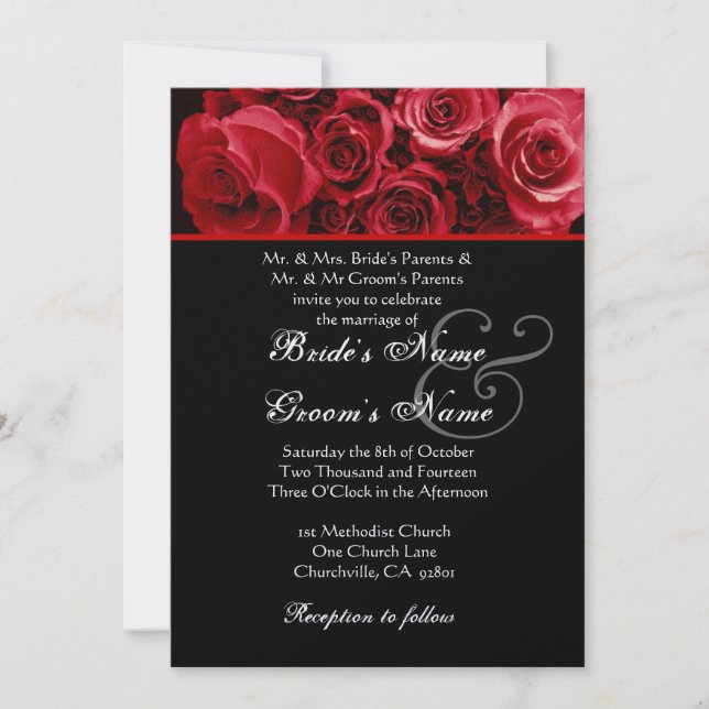 Invitation Papier métallique Mariage Black Red Rose (Devant)