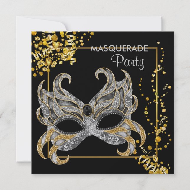 Invitation Papier Métallisé Argent Or Soirée Mascarade (Devant)