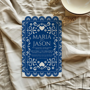 Invitation Papier mexicain Picado Bleu Blanc Folk Art Mariage