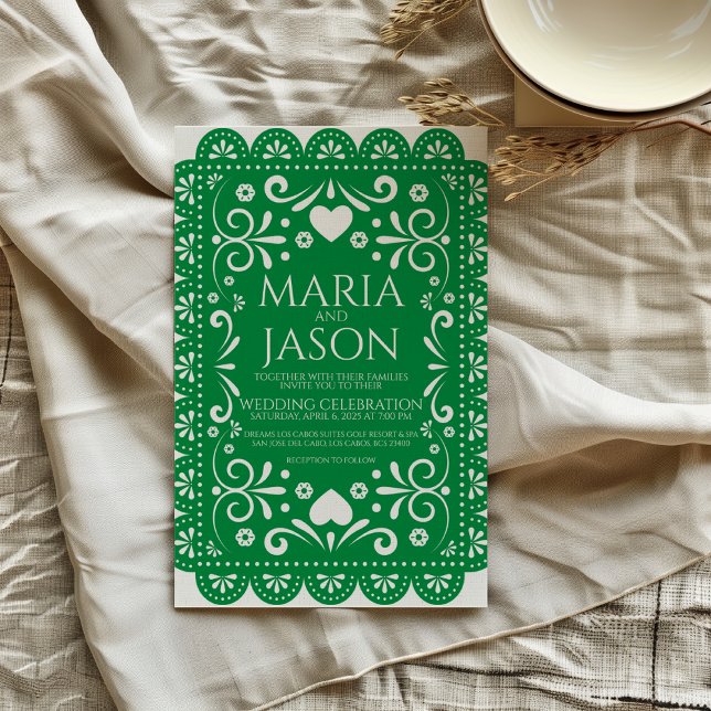 Invitation Papier mexicain Picado Green White Folk Art Mariag (Mexican Papel Picado Green White Folk Art Wedding Invitation)