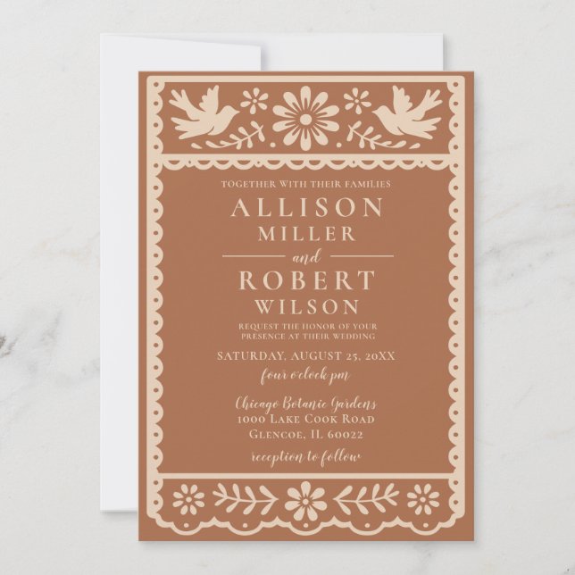 Invitation Papier mexicain Picado Mariage en terre cuite (Devant)