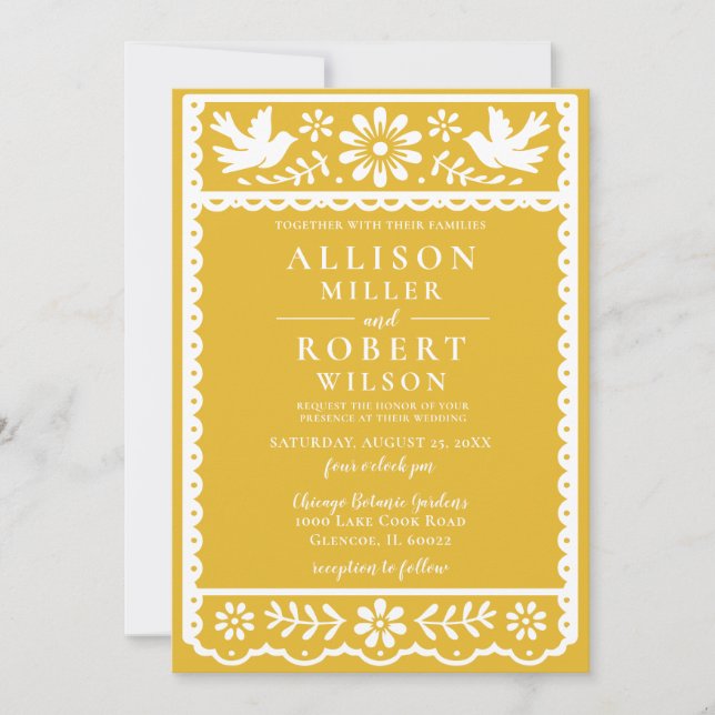 Invitation Papier mexicain Picado Mariage jaune (Devant)