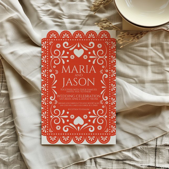 Invitation Papier mexicain Picado Orange Blanc Mariage d'art  (Mexican Papel Picado Orange White Folk Art Wedding Invitation)