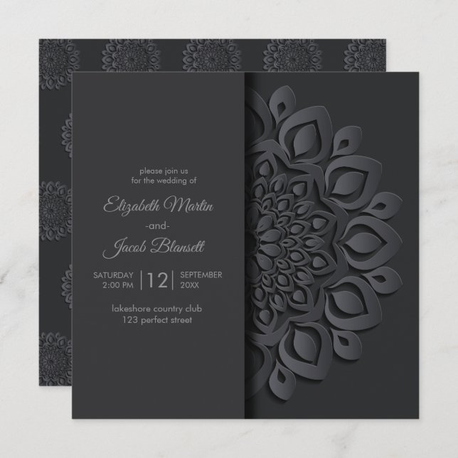 Invitation Papier noir moderne coupé Mandala Peekaboo Mariage (Devant / Derrière)