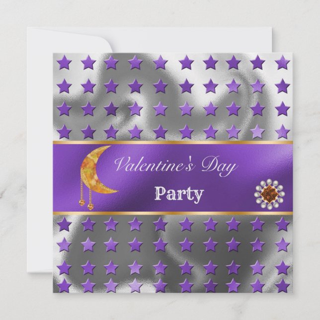 Invitation Papier Pailleté Argent Violet Lune Orange Saint Va (Devant)