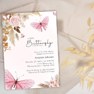 Invitation Papier Pampas Fleur Papillon Rose Baby Shower Bohè