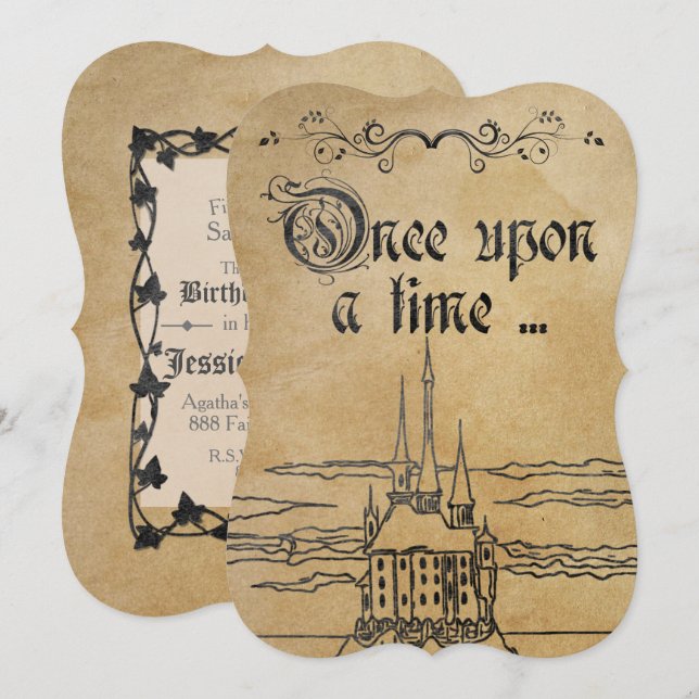 Invitation Papier parchemin rustique thème conte de fées Chât (Devant / Derrière)