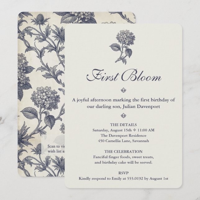 Invitation Papier Peint Botanique Hydrangea Chardon de Mer 1e (Devant / Derrière)